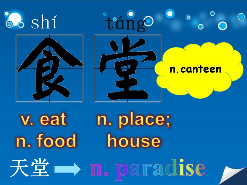 v. eat  n. food shí  táng  n. place; house n.canteen 天堂